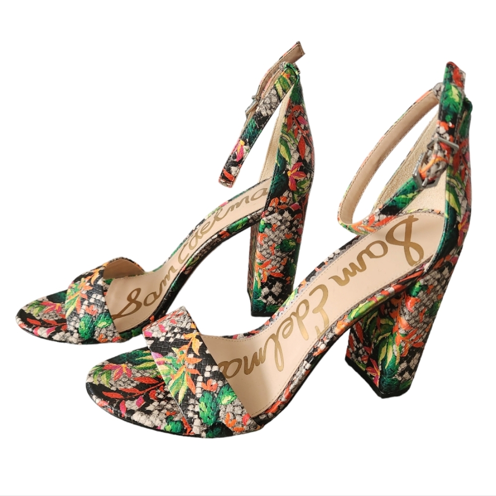 Sam Edelman 'Yaro' Ankle Strap Tropical Floral Print Snakeskin Texture Heels 8.5